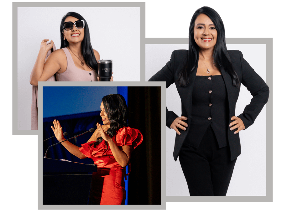 Three confident women in formal and vibrant attire, smiling, with one holding a microphone, conveying professionalism.