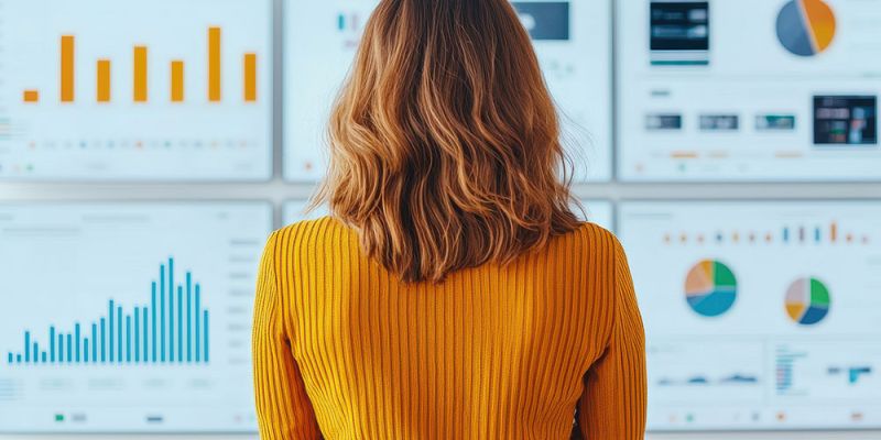 Woman analyzing data on multiple digital screens with colorful graphs and charts.