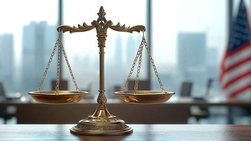 Gold balance scales in modern office with American flag; symbol of justice and law.