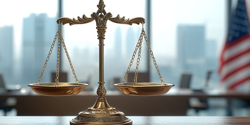 Gold balance scales in modern office with American flag; symbol of justice and law.