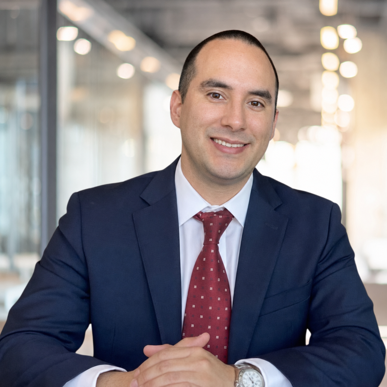 Businessman in a blue blazer standing confidently in an office environment.