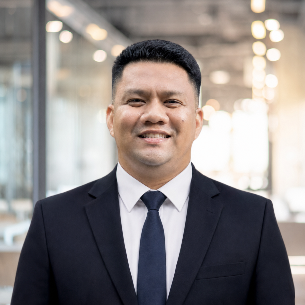 Man in a black suit and tie standing in a modern office environment.